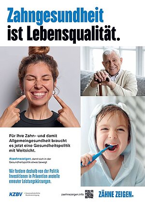Dieses Bild zeigt ein Plakat der Kampagne "Zähne zeigen" mit dem Slogan "Zahngesundheit ist Lebensqualität".